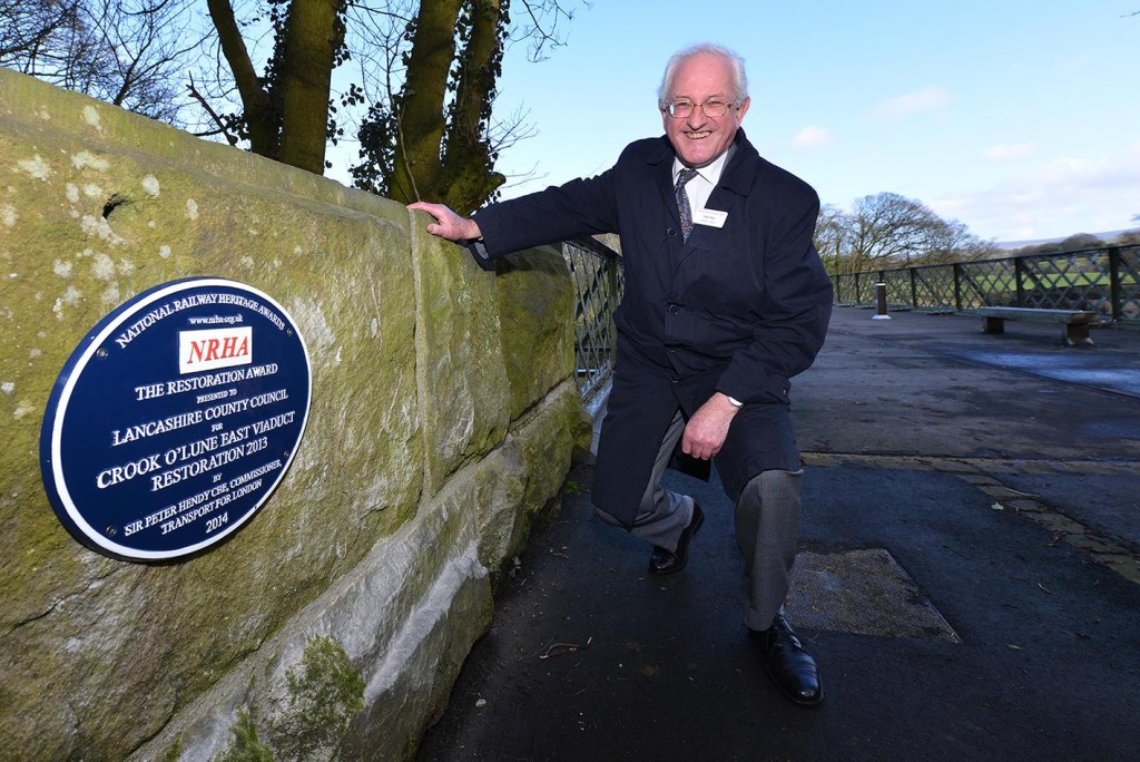 John Ellis, Chairman of the NRHA, with the newly unveiled plaque on the bridge parapet of Crook O’Lune East Viaduct.